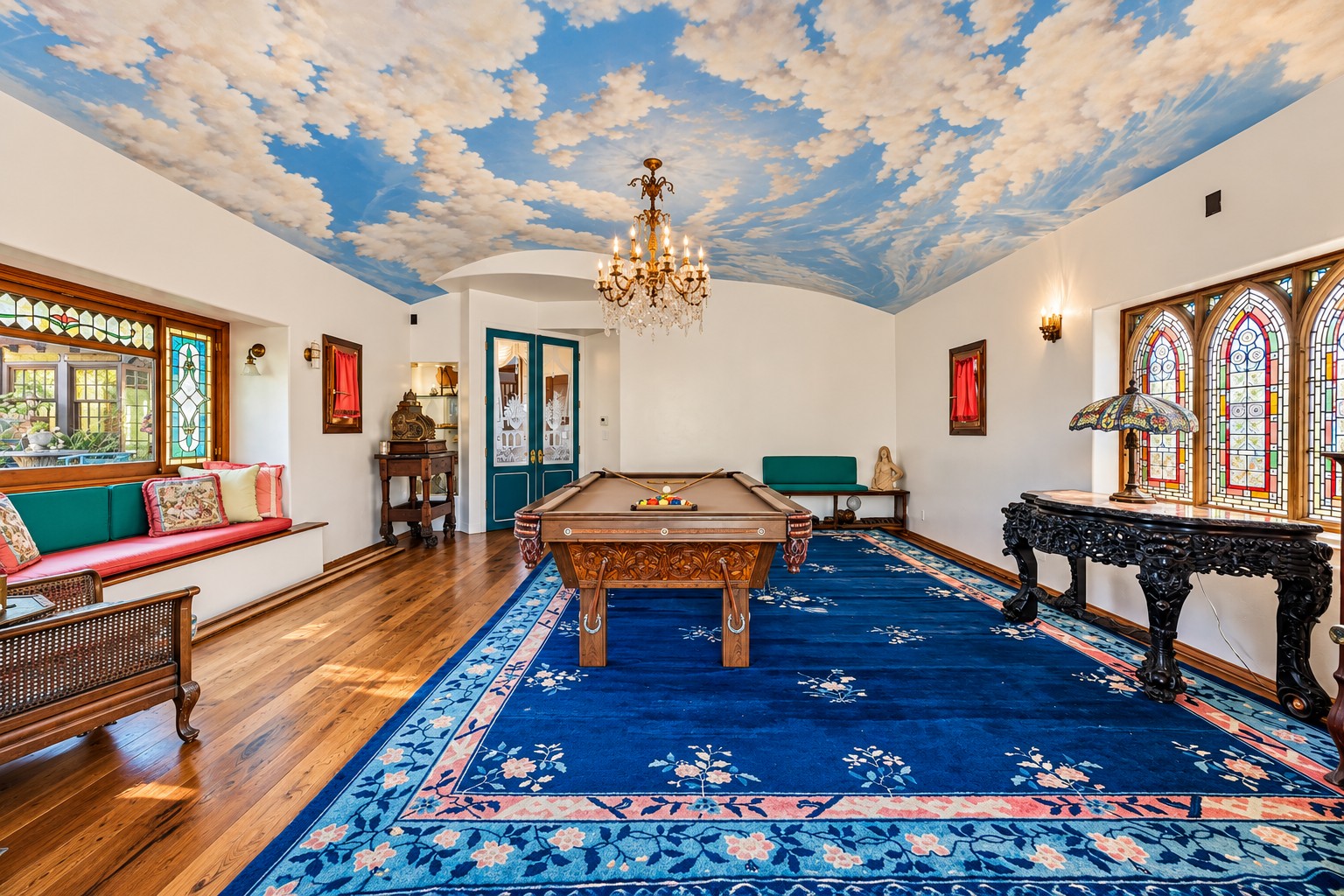 Billiards room and painted ceiling
