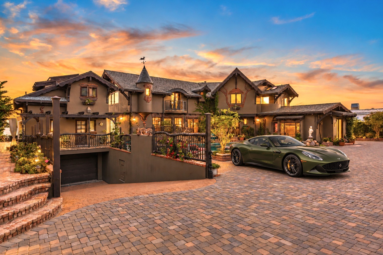 Estate arrival courtyard and building at golden hour