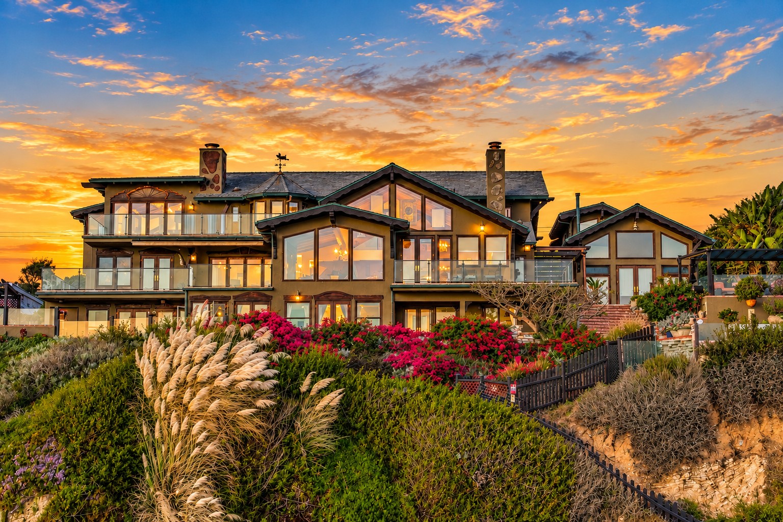 Full estate exterior at sunset