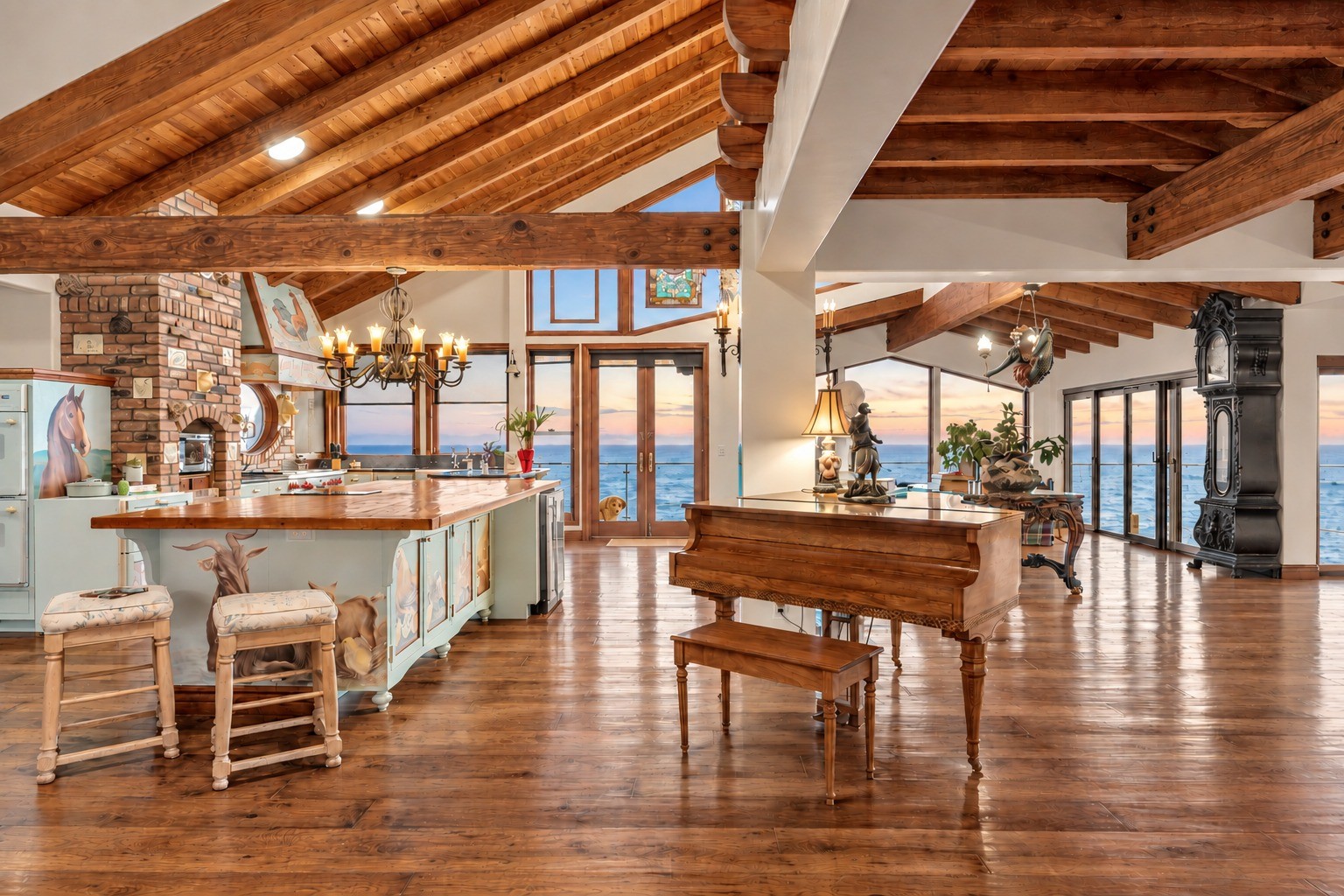 Living and dining spaces with exposed timber beams