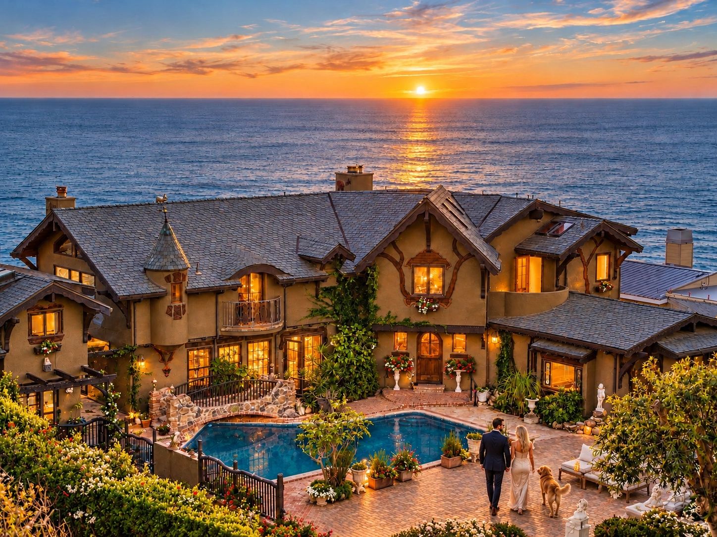 Sunset terrace presentation at the coastal estate